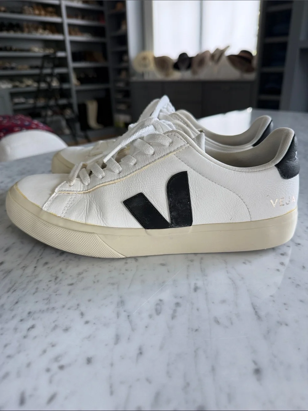 Veja Campos White Leather Sneakers with Black V Accent